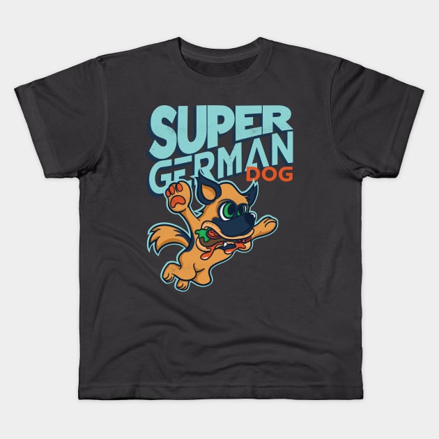 Super German Shepherd Dog eating Hamburger Kids T-Shirt by Pixeldsigns